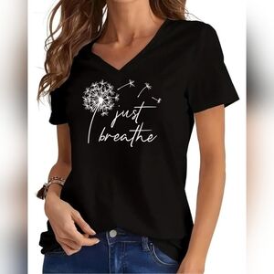 Women's V-Neck Short-Sleeve "Just Breathe" Dandeion Wish T-Shirt, Black, SMALL